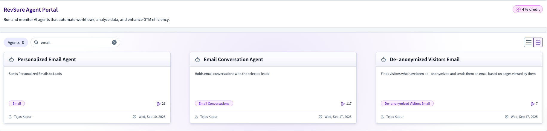 RevSure Agent Portal displaying three email agents with descriptions and user details.